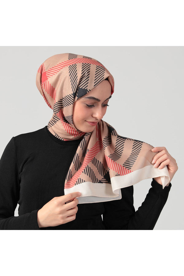 Pamuk Ipek Şal - Ekose Desen - Camel