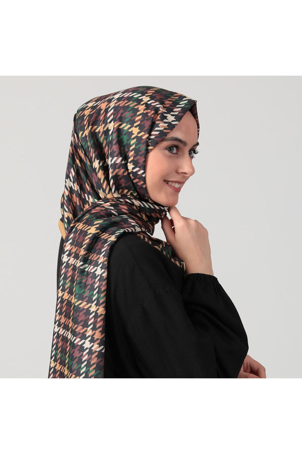 Pamuk Ipek Şal - Kazayağı Desen - Hardal