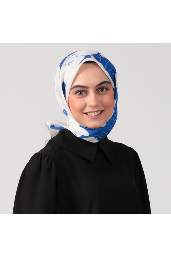 Pamuk İpek Eşarp - Manolya Desen - Saks Mavi
