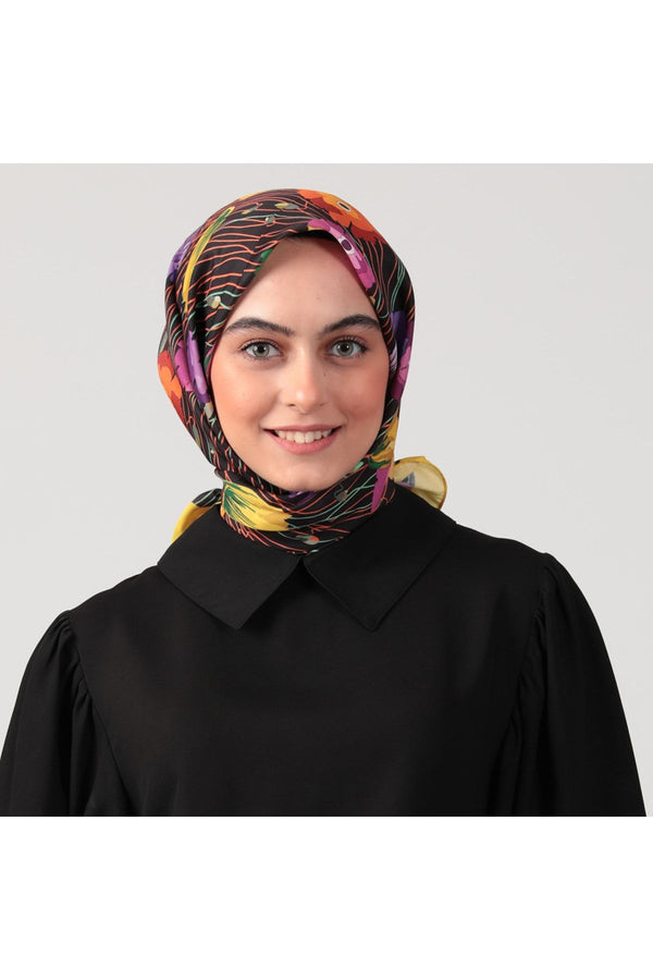 Pamuk İpek Eşarp - Bahar Bahçesi Desen - Sarı Siyah