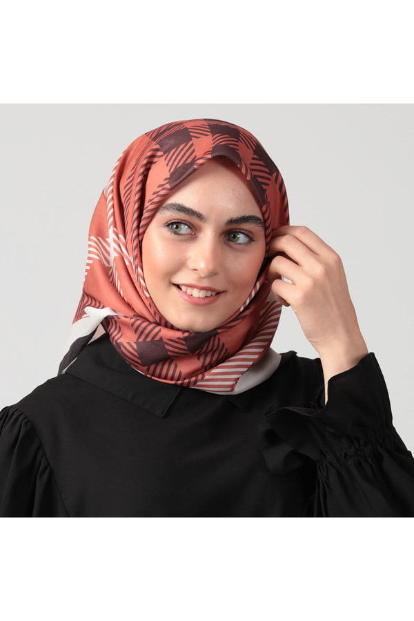 Pamuk İpek Eşarp - Ekose Desen - Kiremit