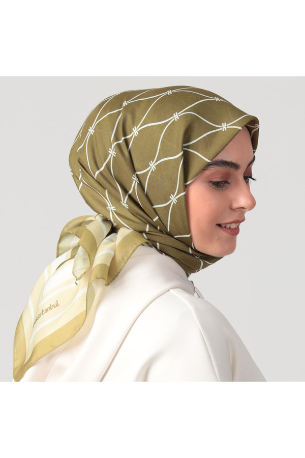 Pamuk Ipek Eşarp - Dalga Desen - Yağ Yeşili