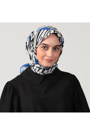 Pamuk İpek Eşarp - Zebra Desen - Saks Mavi