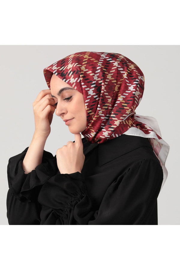 Pamuk İpek Eşarp - Kazayağı Desen - Bordo