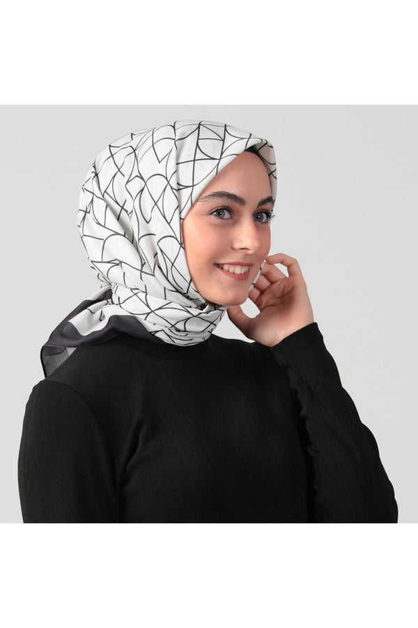 Pamuk Ipek Eşarp - Geometrik Desen - Ekru