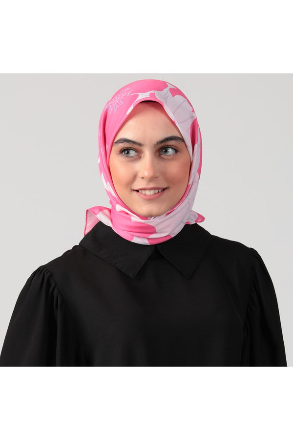 Pamuk İpek Eşarp - Manolya Desen - Fuşya