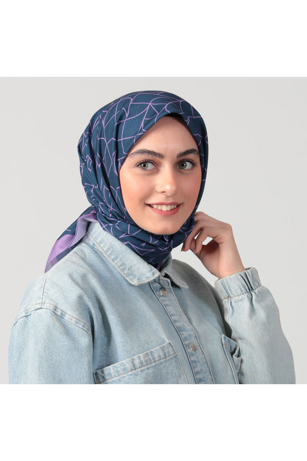 Pamuk Ipek Eşarp - Geometrik Desen - Mor