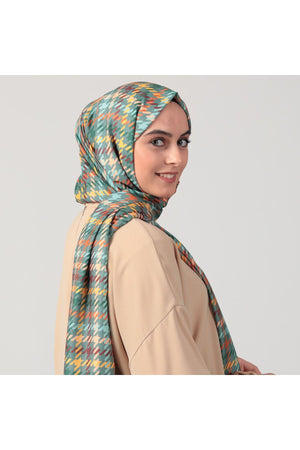 Pamuk Ipek Şal - Kazayağı Desen - Haki Yeşili