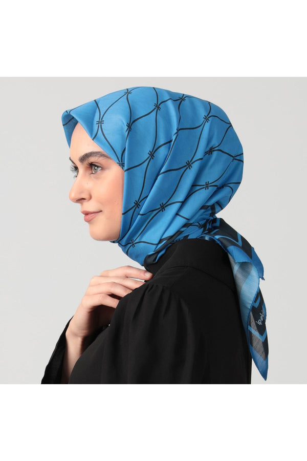 Pamuk Ipek Eşarp - Dalga Desen - Indigo