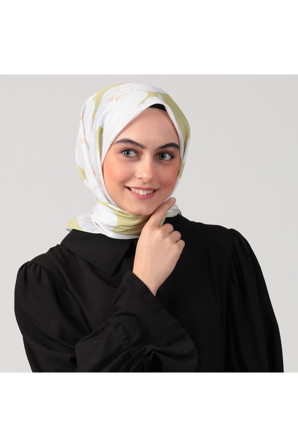 Pamuk İpek Eşarp - Manolya Desen - Lime