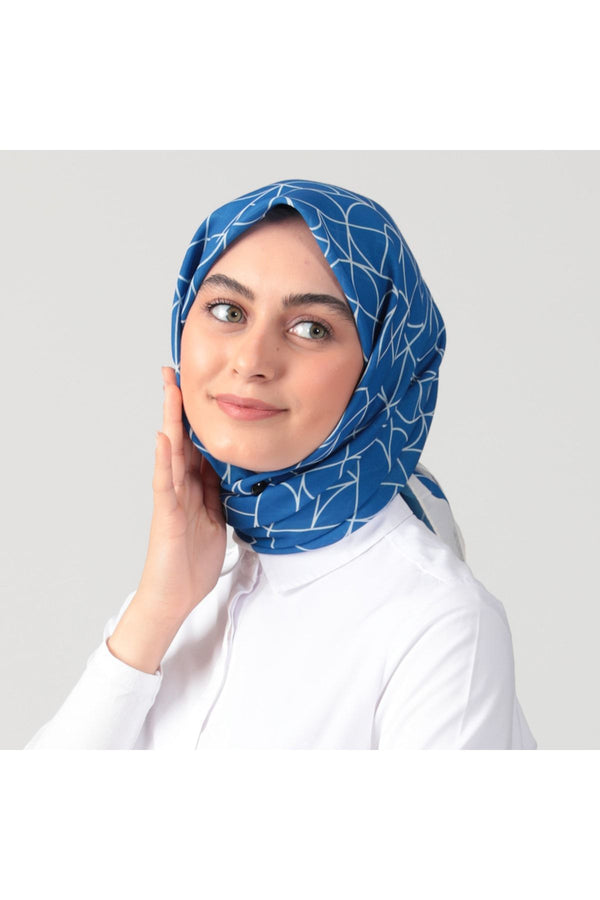 Pamuk İpek Eşarp - Geometrik Desen - Okyanus