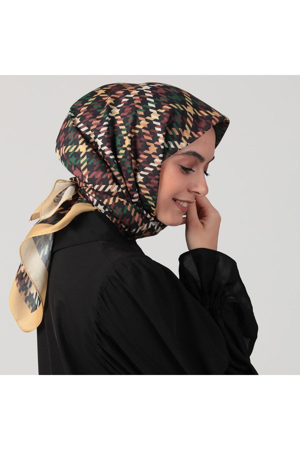 Pamuk Ipek Eşarp - Kazayağı Desen - Hardal