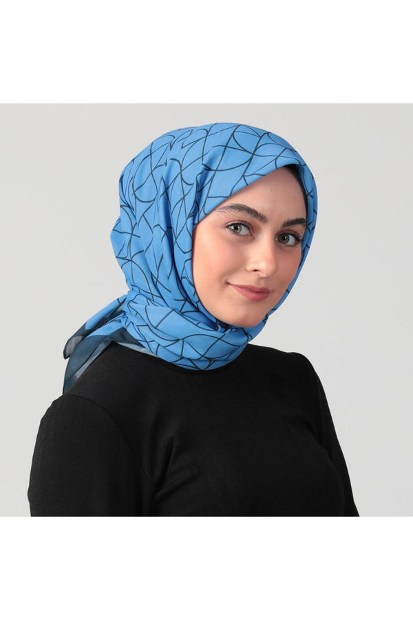 Pamuk İpek Eşarp - Geometrik Desen - İndigo