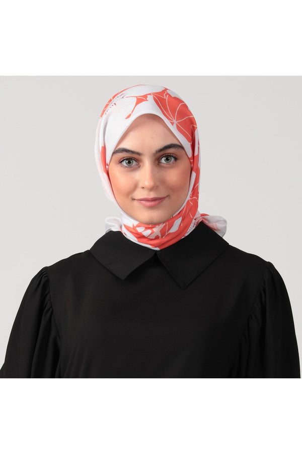 Pamuk İpek Eşarp - Manolya Desen - Turuncu
