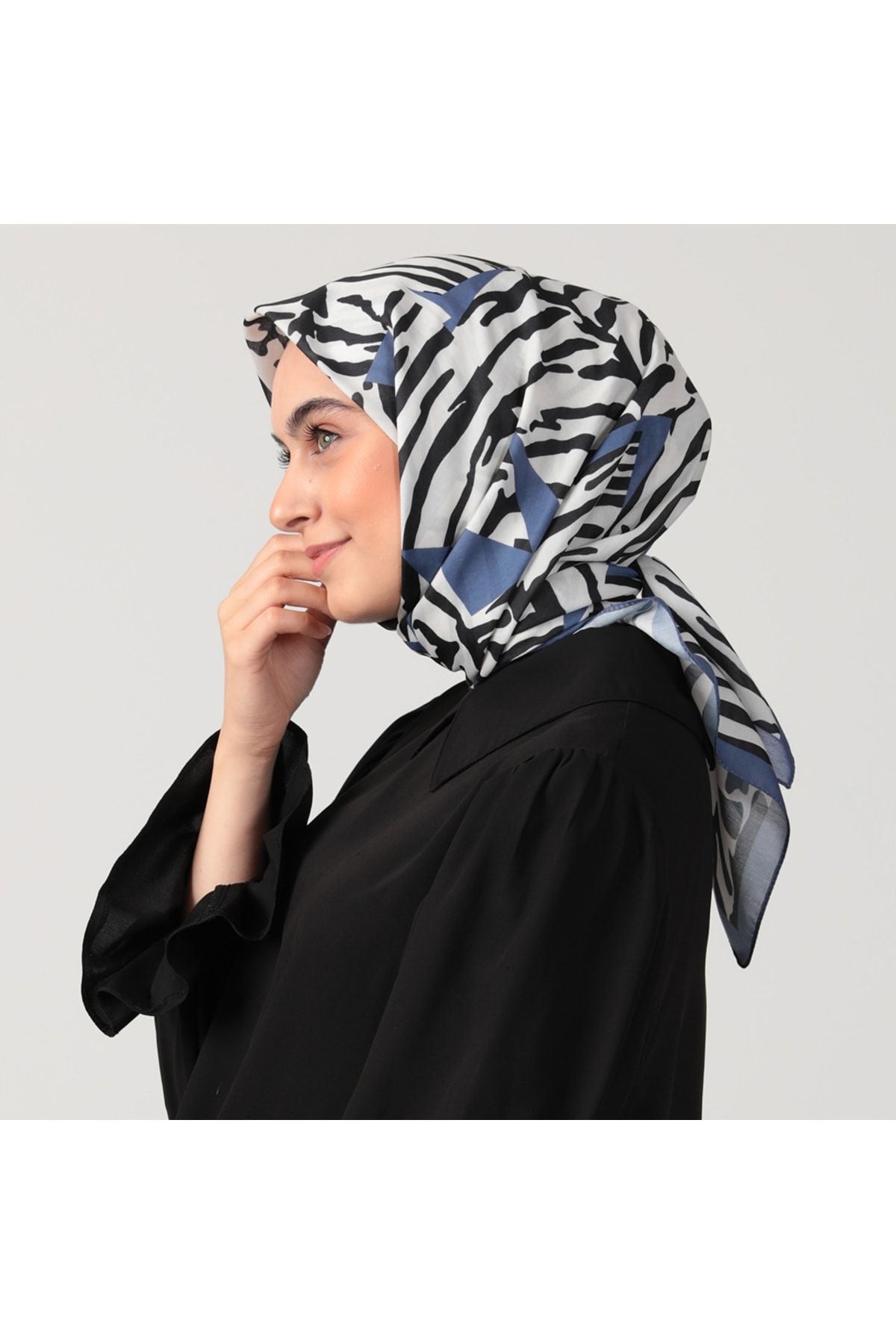 Pamuk İpek Eşarp - Zebra Desen - Kot Mavi