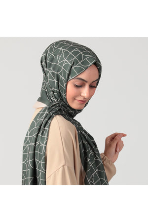 Pamuk Ipek Şal - Geometrik Desen - Haki