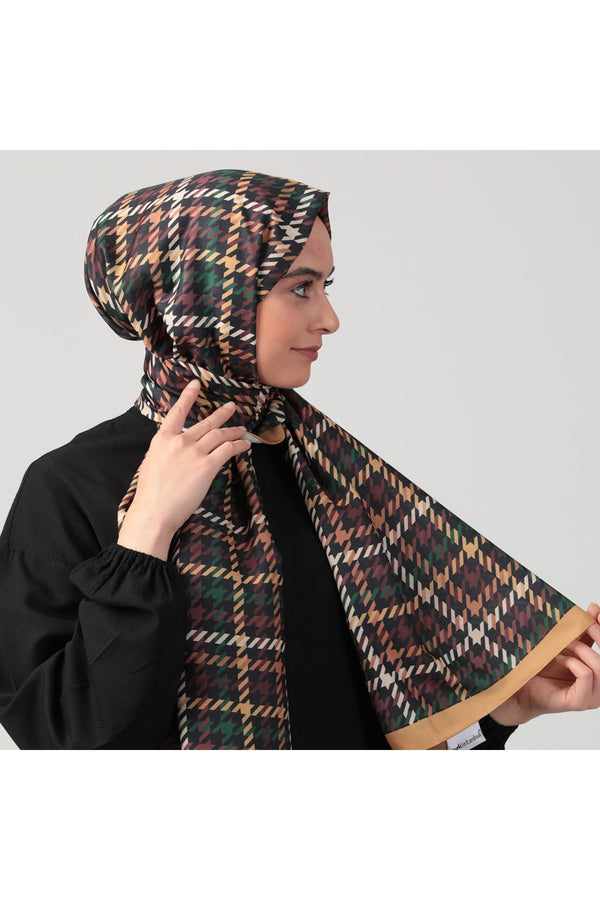 Pamuk Ipek Şal - Kazayağı Desen - Hardal