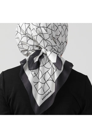 Pamuk Ipek Eşarp - Geometrik Desen - Ekru