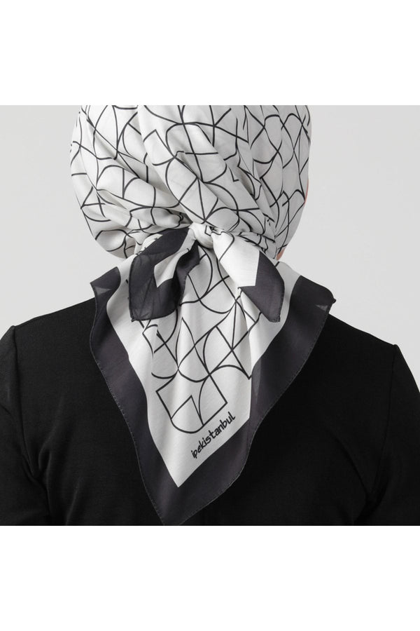 Pamuk Ipek Eşarp - Geometrik Desen - Ekru