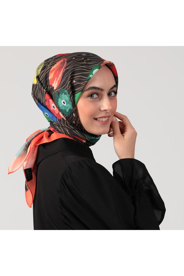 Pamuk İpek Eşarp - Bahar Bahçesi Desen - Turuncu Siyah