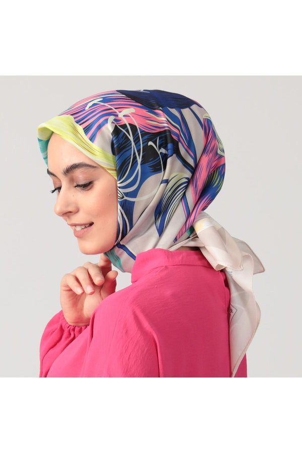 Pamuk Ipek Eşarp - Tropik Desen - Saks Mavisi