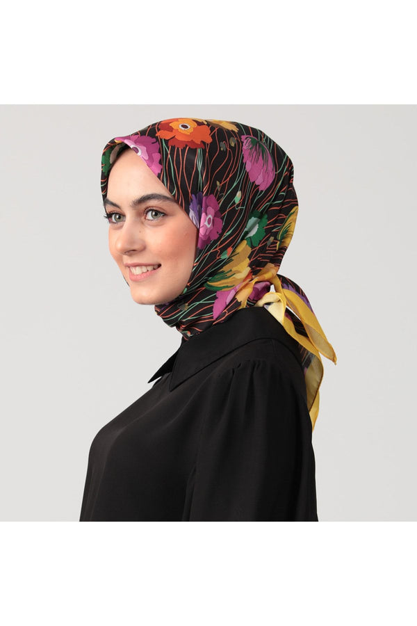 Pamuk İpek Eşarp - Bahar Bahçesi Desen - Sarı Siyah