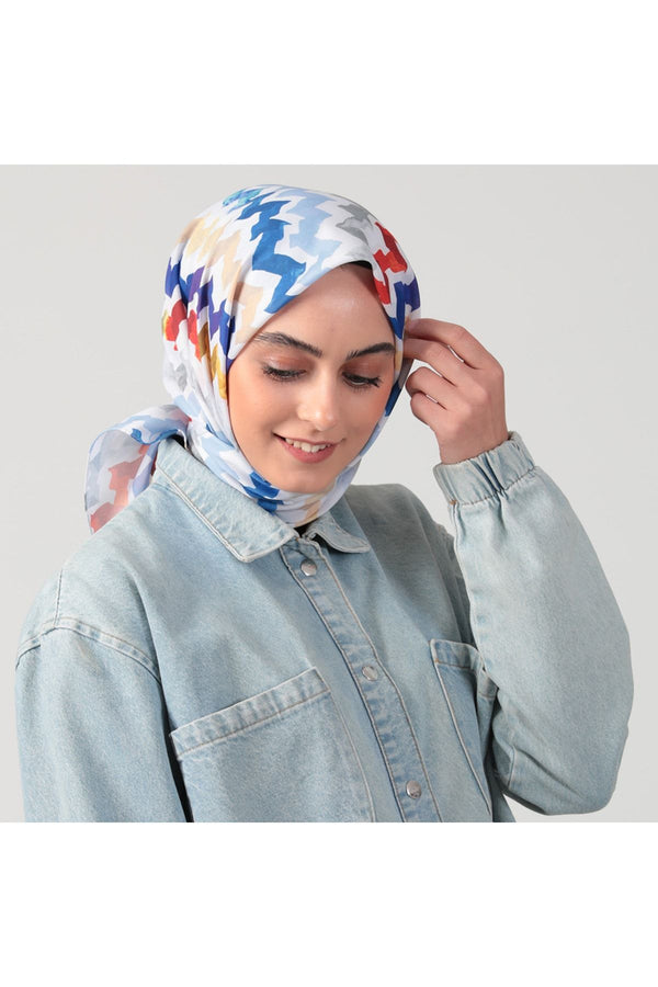 Pamuk İpek Eşarp - Zigzag Desen - Saks