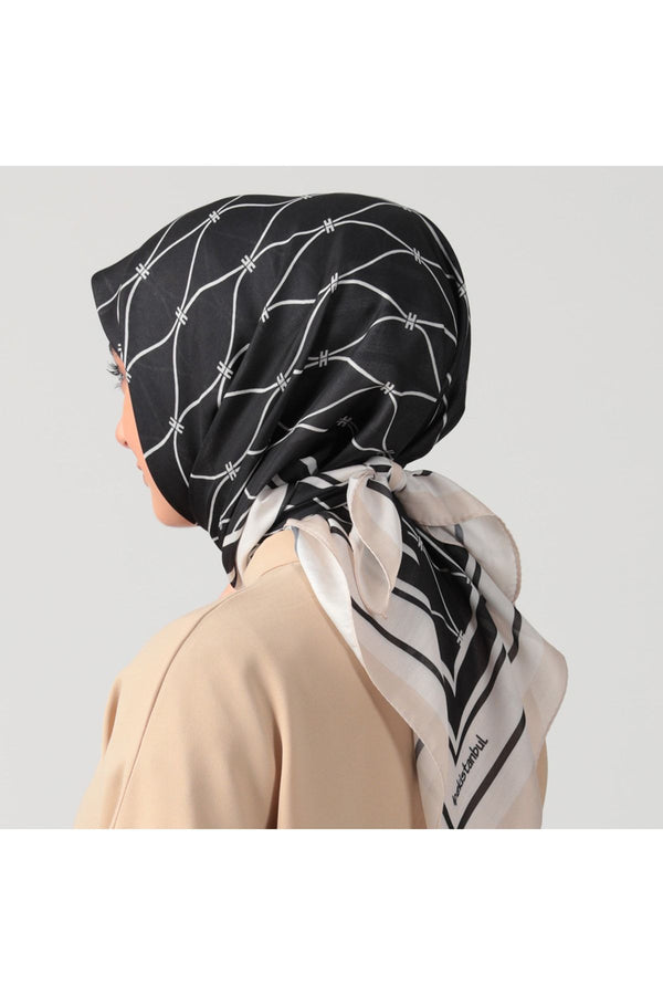 Pamuk Ipek Eşarp - Dalga Desen - Siyah