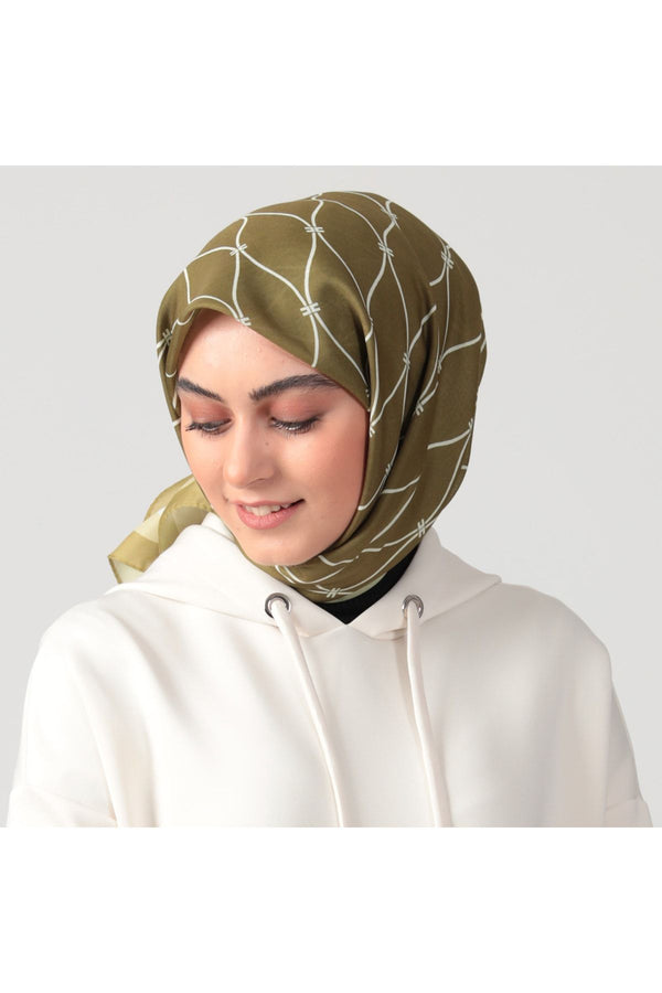 Pamuk Ipek Eşarp - Dalga Desen - Yağ Yeşili