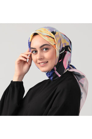 Pamuk İpek Eşarp - Tropik Desen - Fuşya