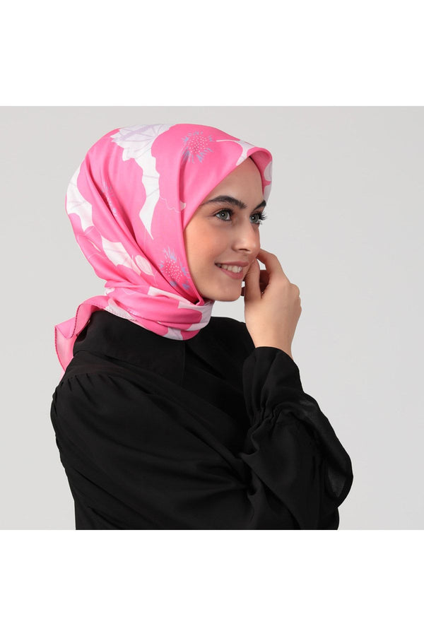 Pamuk İpek Eşarp - Manolya Desen - Fuşya