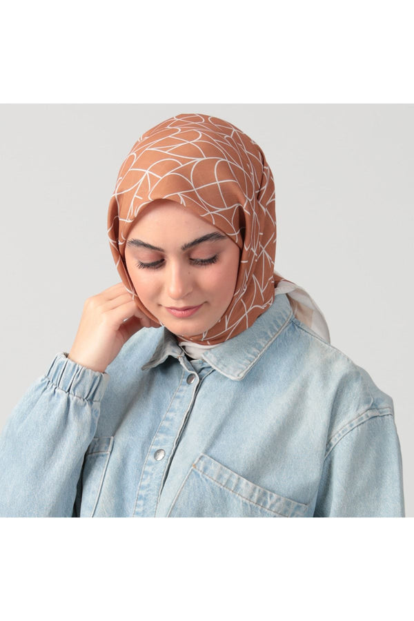 Pamuk Ipek Eşarp - Geometrik Desen - Tarçın