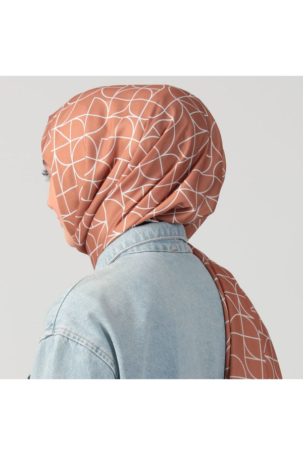 Pamuk Ipek Şal - Geometrik Desen - Tarçın