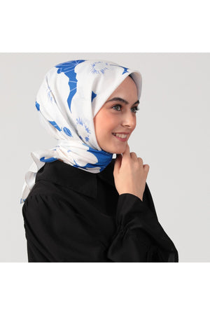 Pamuk İpek Eşarp - Manolya Desen - Saks Mavi