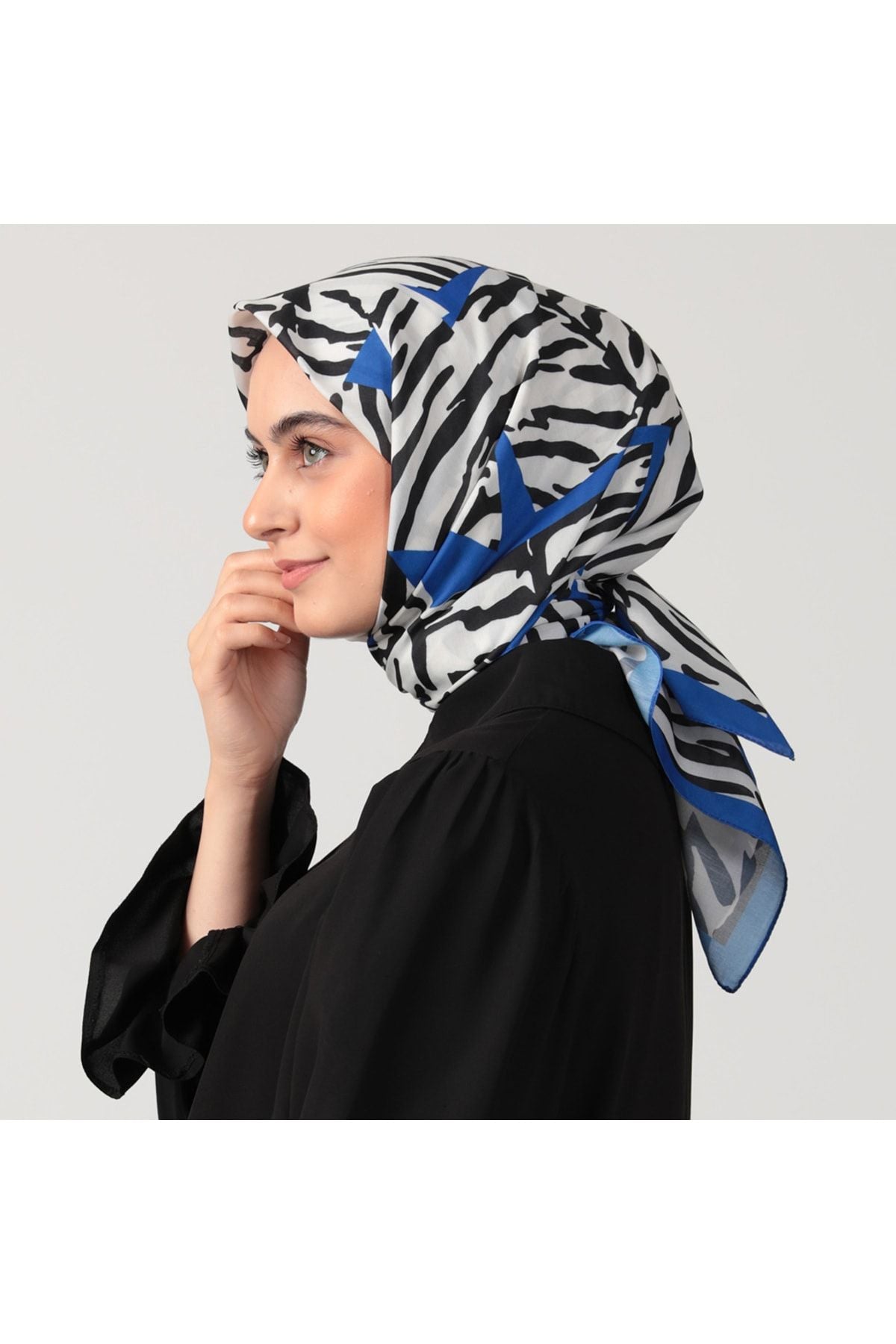 Pamuk İpek Eşarp - Zebra Desen - Saks Mavi
