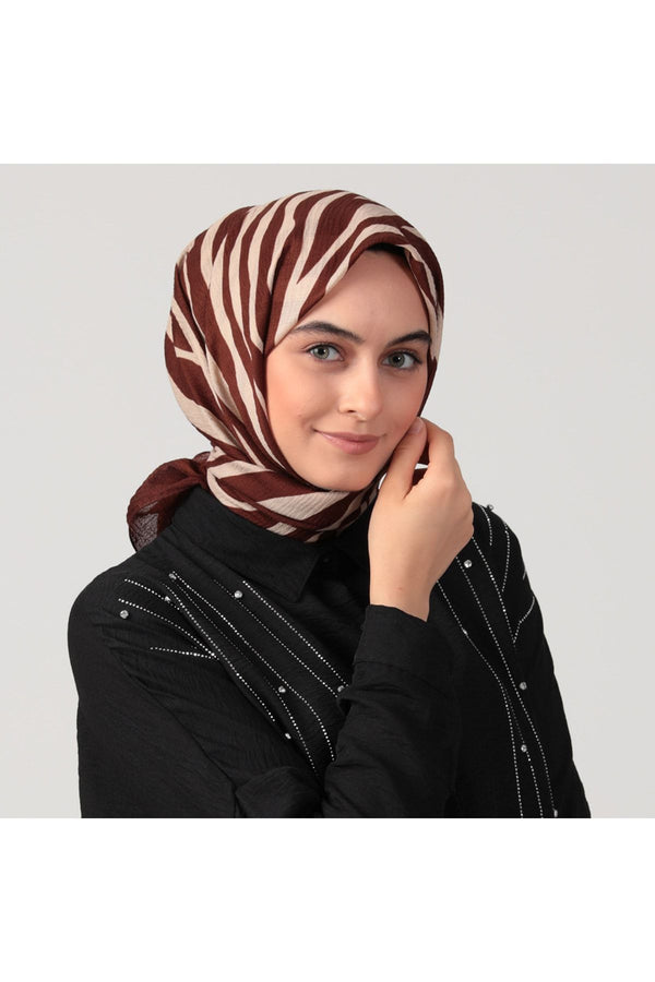 Pamuklu Bürümcük Eşarp - Zebra Desen - Kahverengi