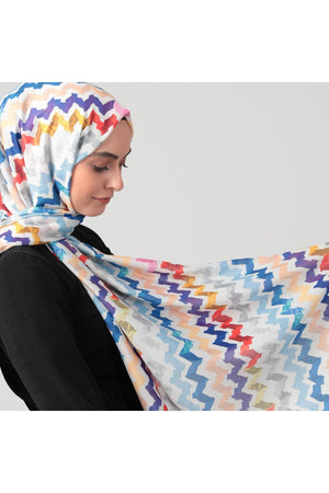 Pamuk İpek Şal - Zigzag Desen - Saks