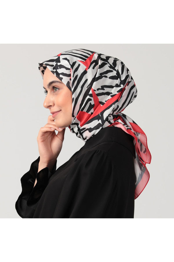 Pamuk İpek Eşarp - Zebra Desen - Kırmızı