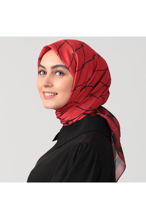 Pamuk Ipek Eşarp - Dalga Desen - Kırmızı