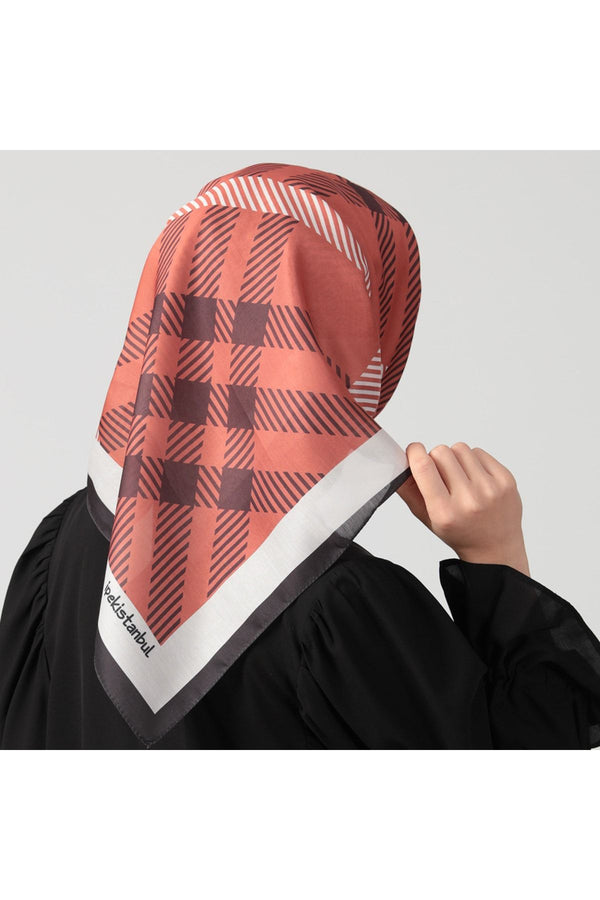 Pamuk İpek Eşarp - Ekose Desen - Kiremit