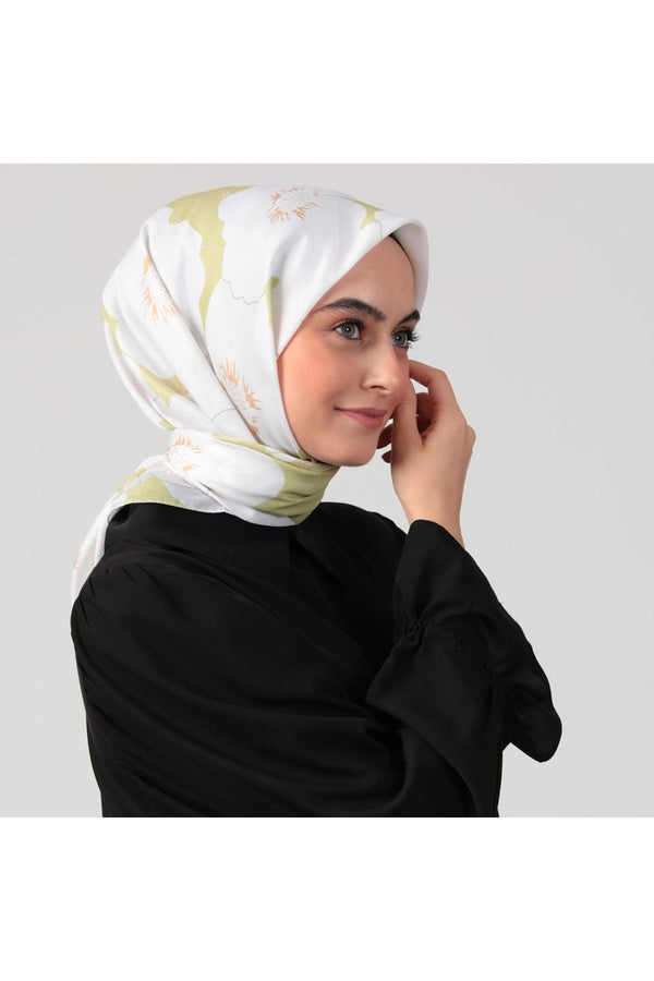 Pamuk İpek Eşarp - Manolya Desen - Lime