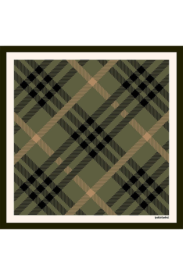 Pamuk İpek Eşarp - Ekose Desen - Haki