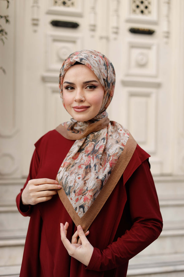 Tensel Eşarp - Batik Desen - Kahve Pudra