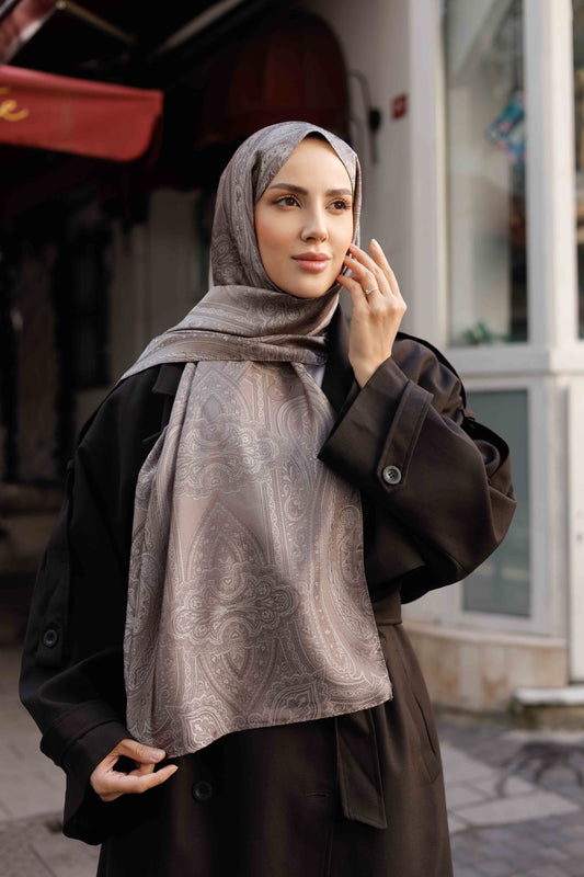 İpeksi Çift Taraflı Jakar Şal - Hint - Vizon