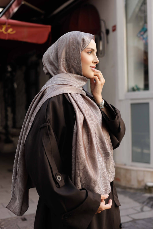 İpeksi Çift Taraflı Jakar Şal - Hint - Vizon