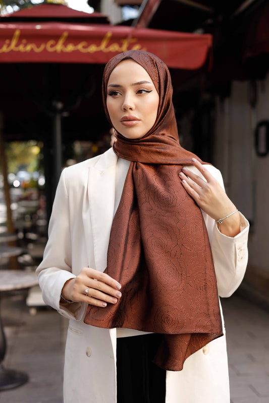 İpeksi Çift Taraflı Jakar Şal - Rose Desen - Bakır