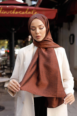 İpeksi Çift Taraflı Jakar Şal - Rose Desen - Bakır