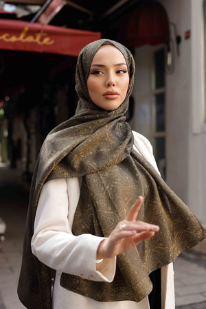 İpeksi Çift Taraflı Jakar Şal - Mandala Desen - Yağ Yeşili