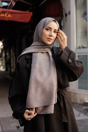 İpeksi Çift Taraflı Jakar Şal - Rose Desen - Vizon