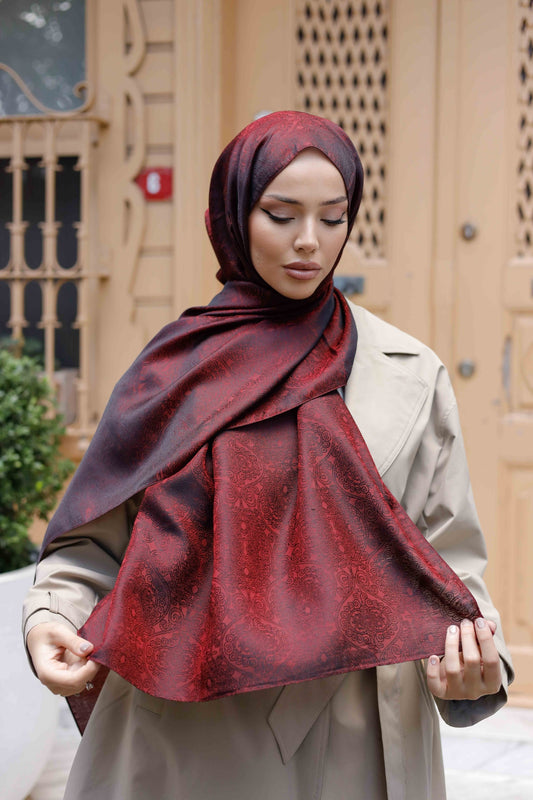 İpeksi Çift Taraflı Jakar Şal - Mandala Desen - Bordo